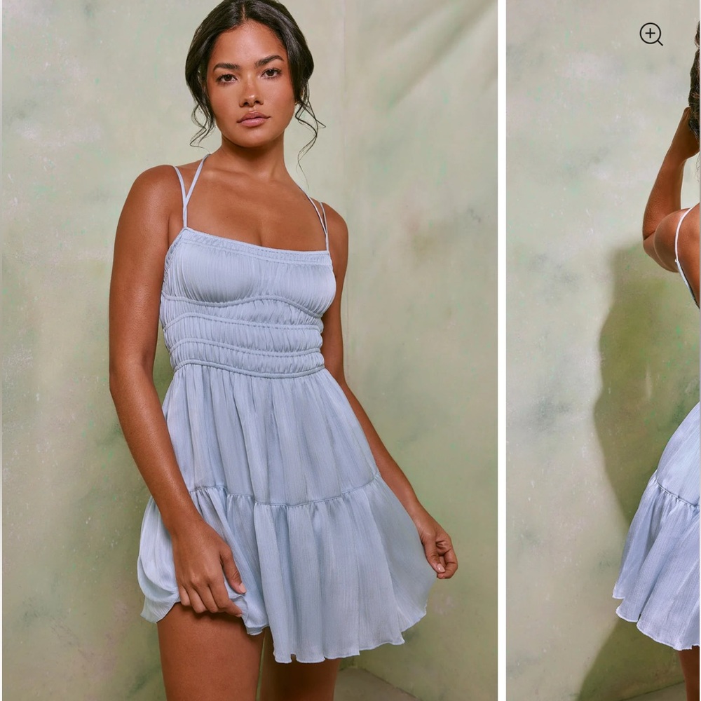 Oh Polly CLELIA — Shirred Bodice A-Line Mini Dress in Sky Grey